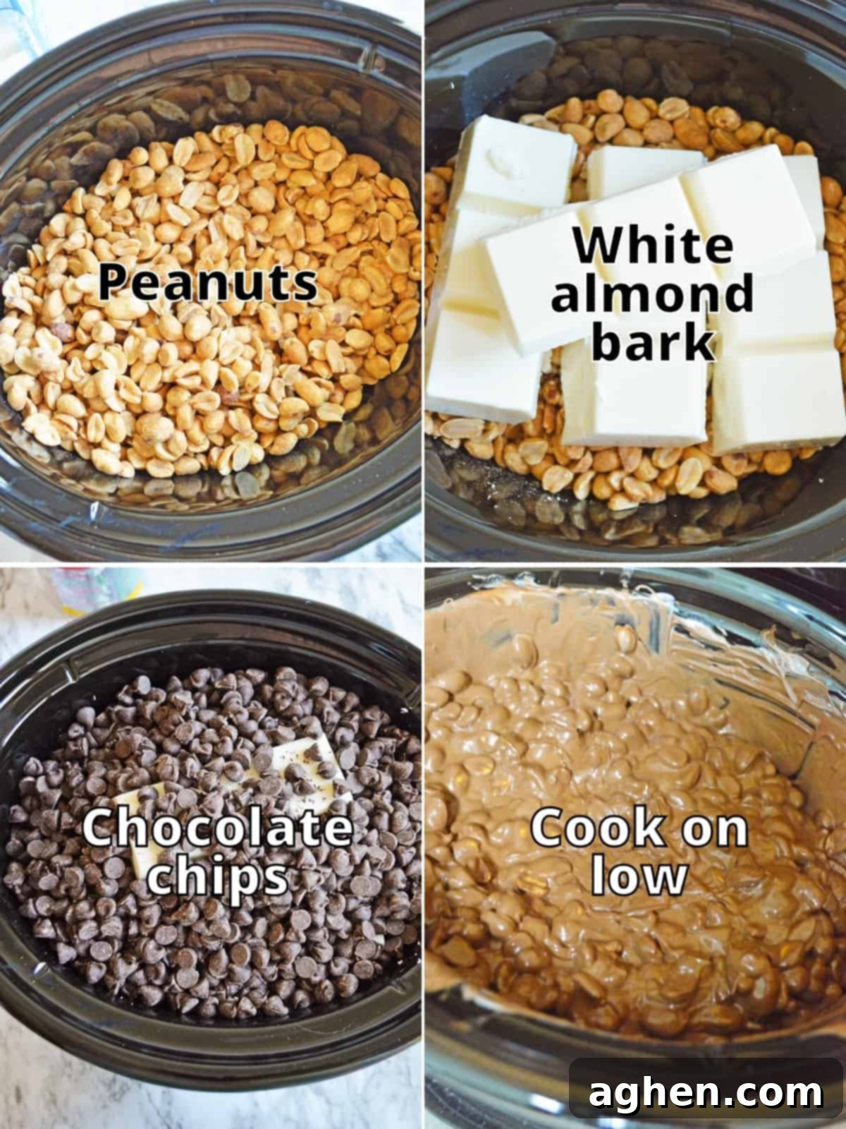 4 image collage: Top left-peanuts in crockpot; top right - white almond bark on top of peanuts in crockpot, bottom left - chocolate chips in crockpot; bottom right - everything melted in crockpot