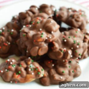 Chocolate and peanut crockpot candy with christmas sprinkles
