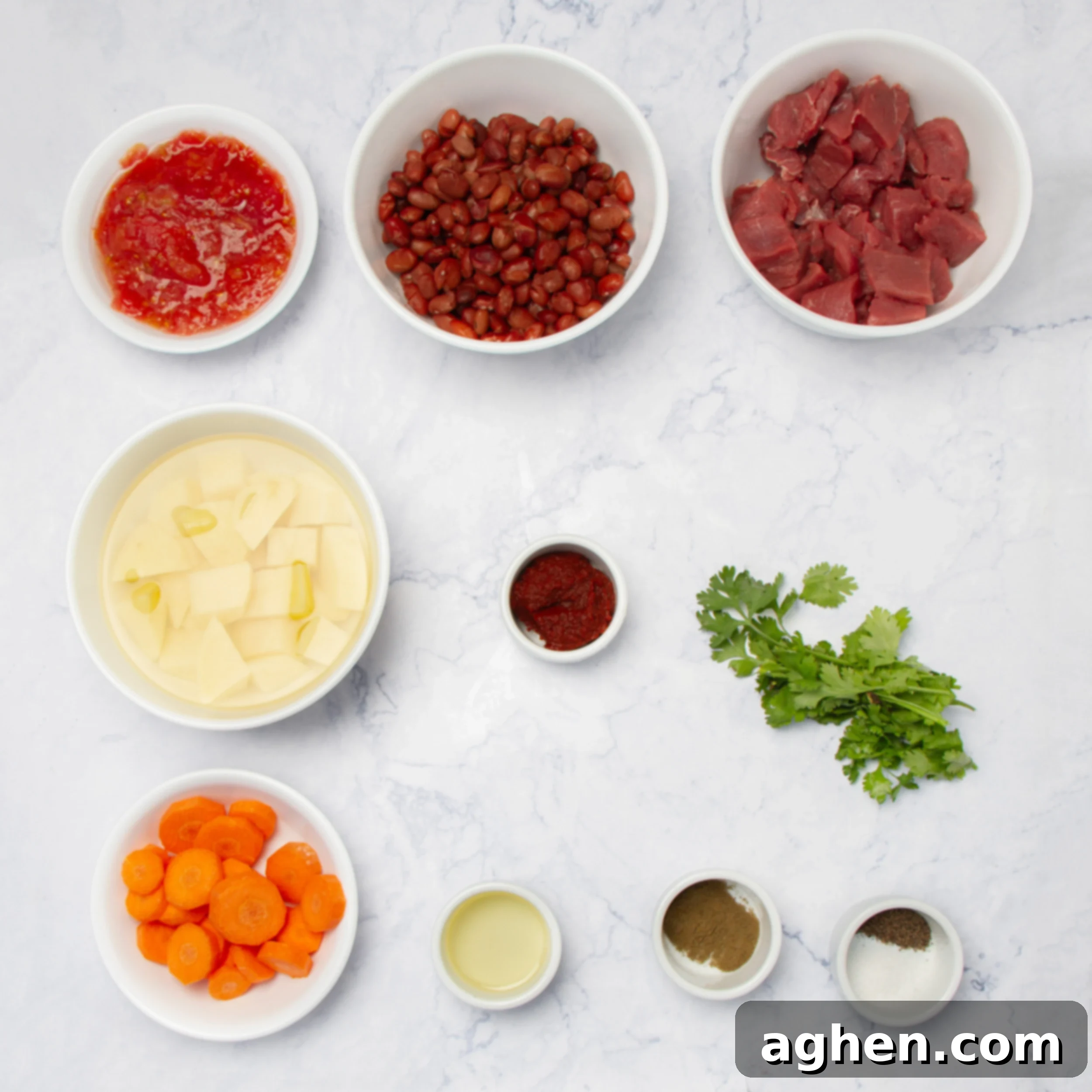 A flat lay photograph showcasing all the fresh ingredients for Mexican Beef Stew, meticulously arranged in separate dishes on a rustic kitchen counter.