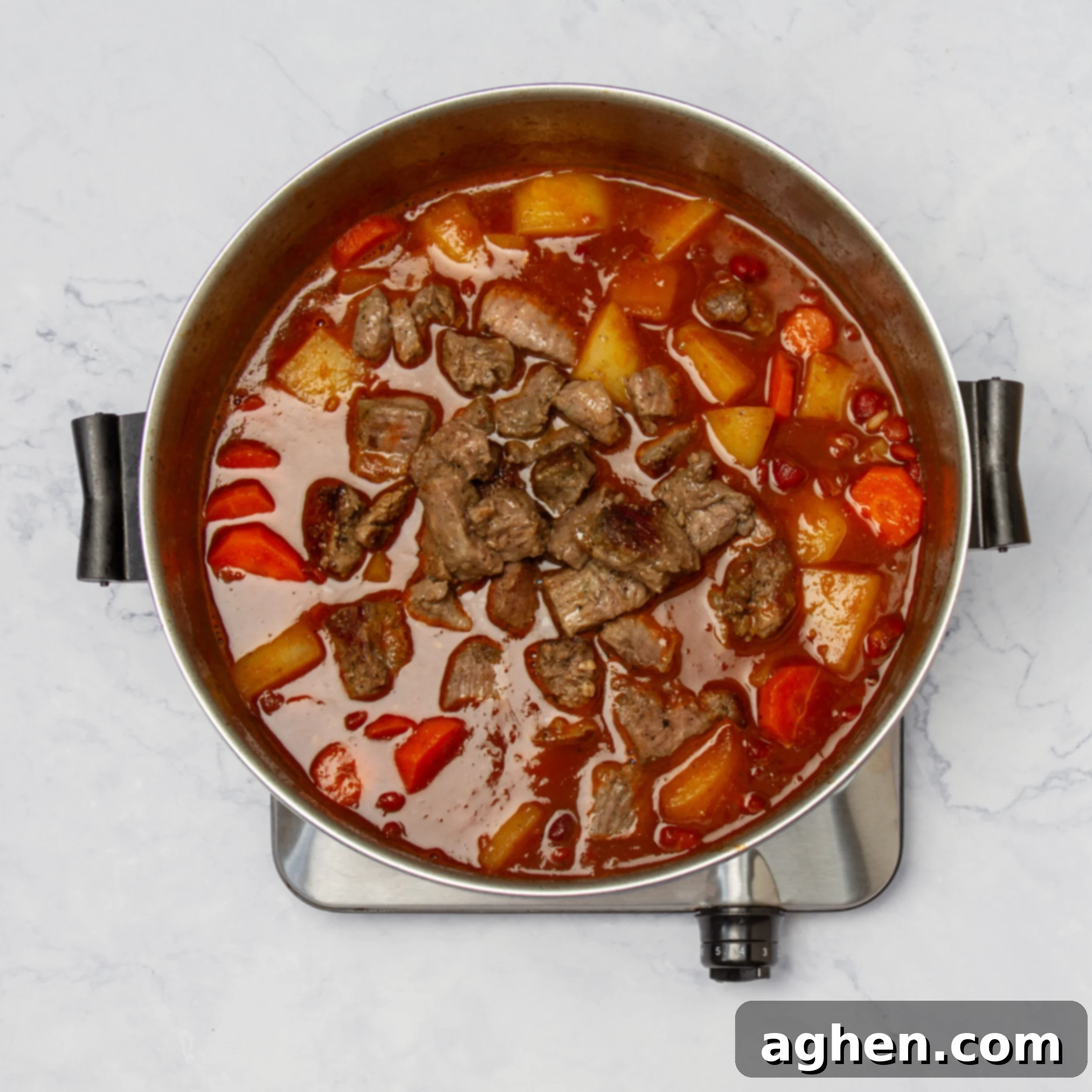 All the vibrant ingredients for Mexican Beef Stew, including browned beef, vegetables, beans, and broth, simmering together in a large pot on the stovetop.
