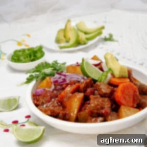 A vibrant bowl of Mexican Beef Stew, artfully garnished with fresh cilantro and a wedge of lime, showcasing its rich texture and appealing presentation.
