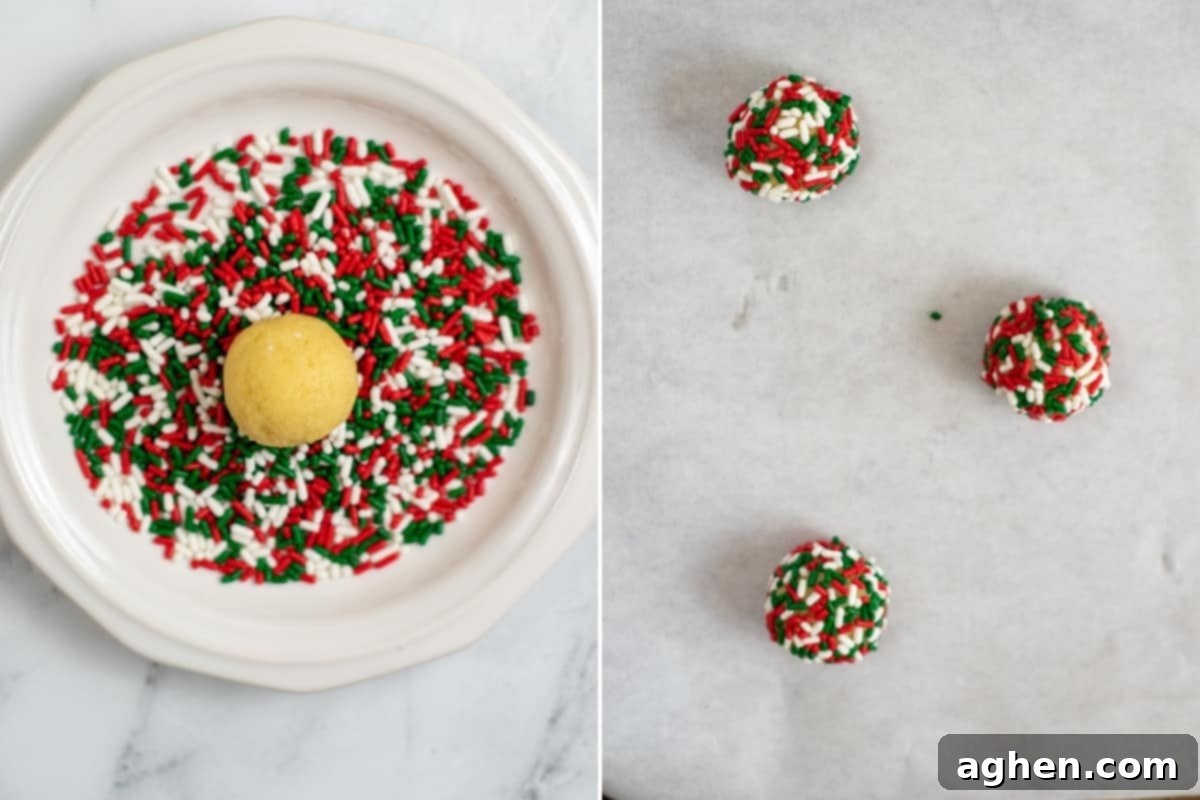 2 image collage. On left: sprinkles on plate with ball of dough in center. On right, sprinkle-covered dough balls on cookie sheet 2 inches apart.