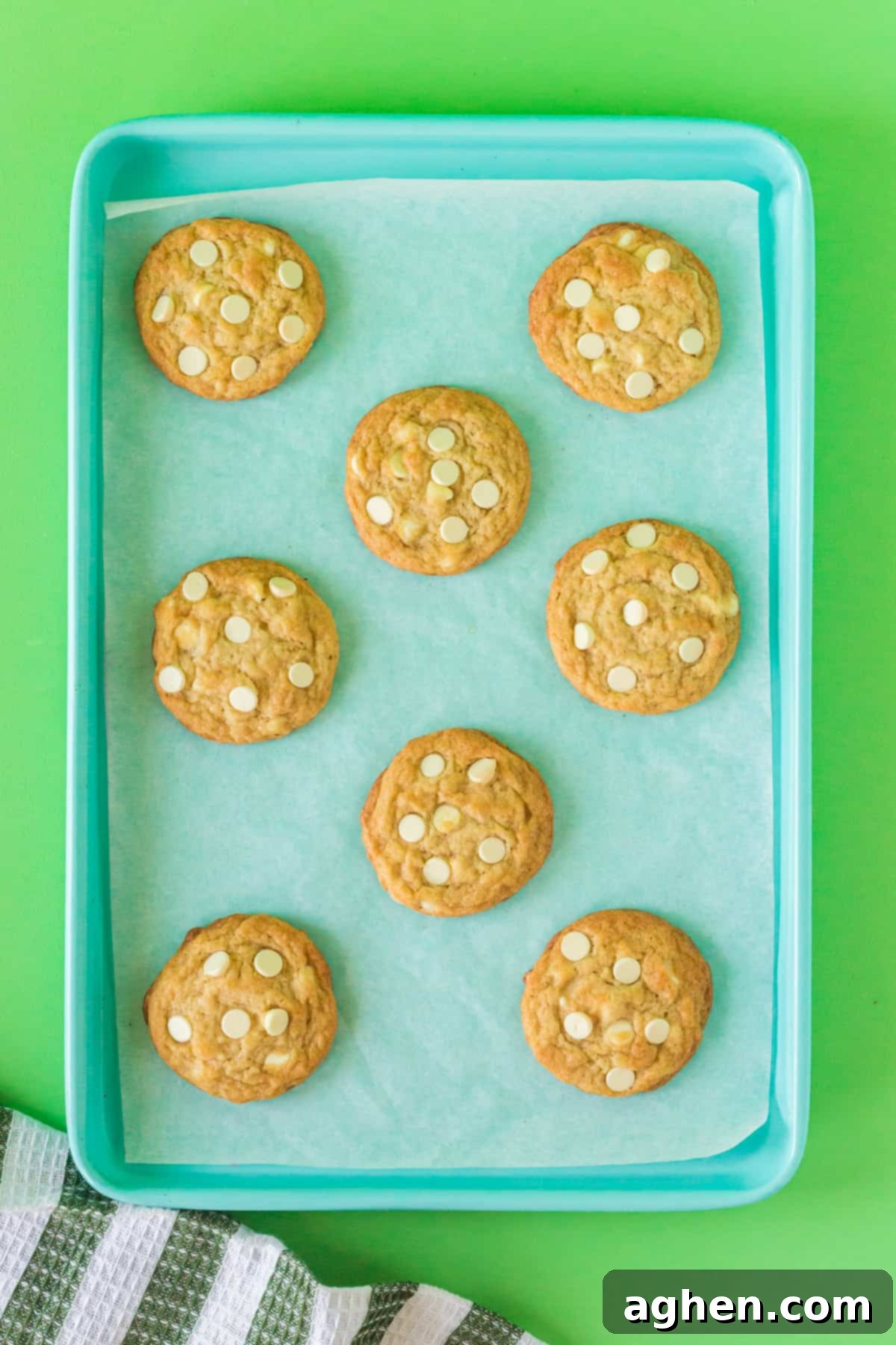 Homemade banana cookies on baking sheet.