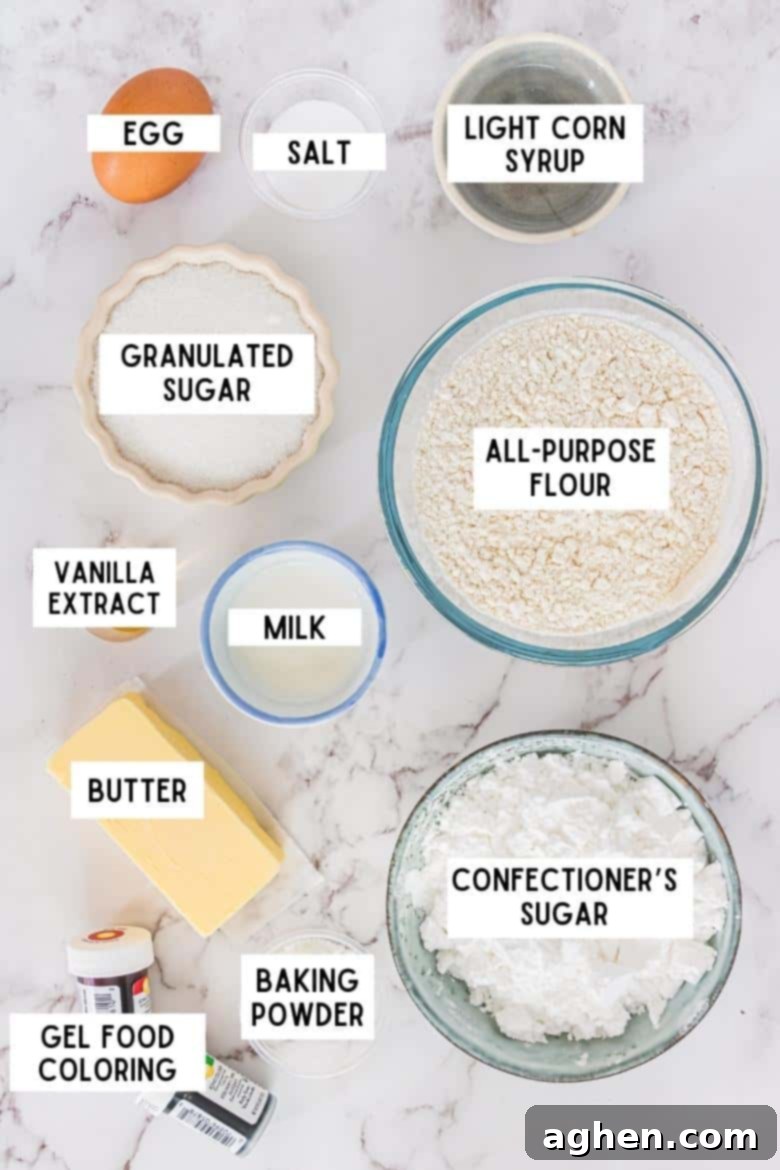 Ingredients on countertop: one brown egg, salt, light corn syrup, granulated sugar, all-purpose flour, vanilla extract, milk, butter, confectioners sugar, baking powder, gel food coloring