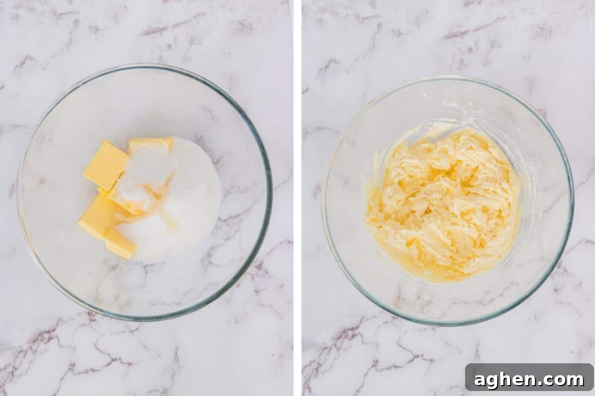 2 image collage. On left: butter and sugar in glass bowl. On right: Creamed butter and sugar