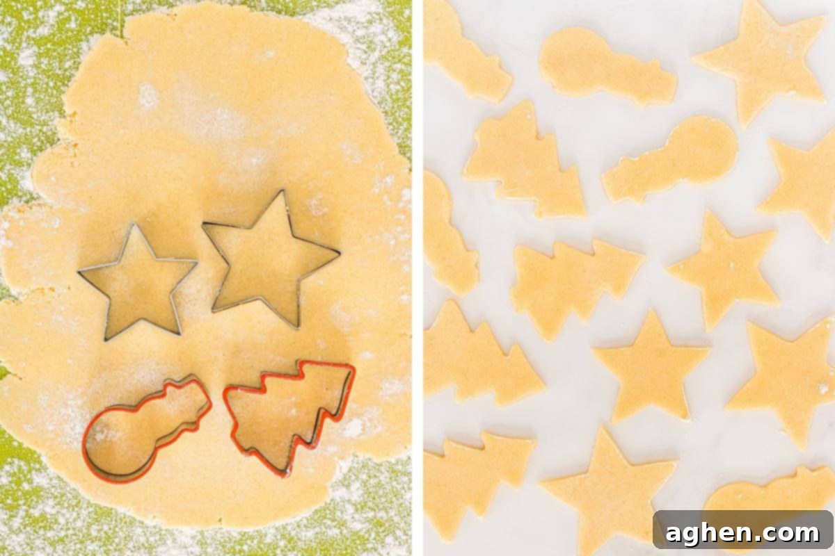2 image collage. On left: rolled out sugar cookie dough with Christmas cookie cutters pressed into it. On right, cut cookies on parchment lined baking sheet