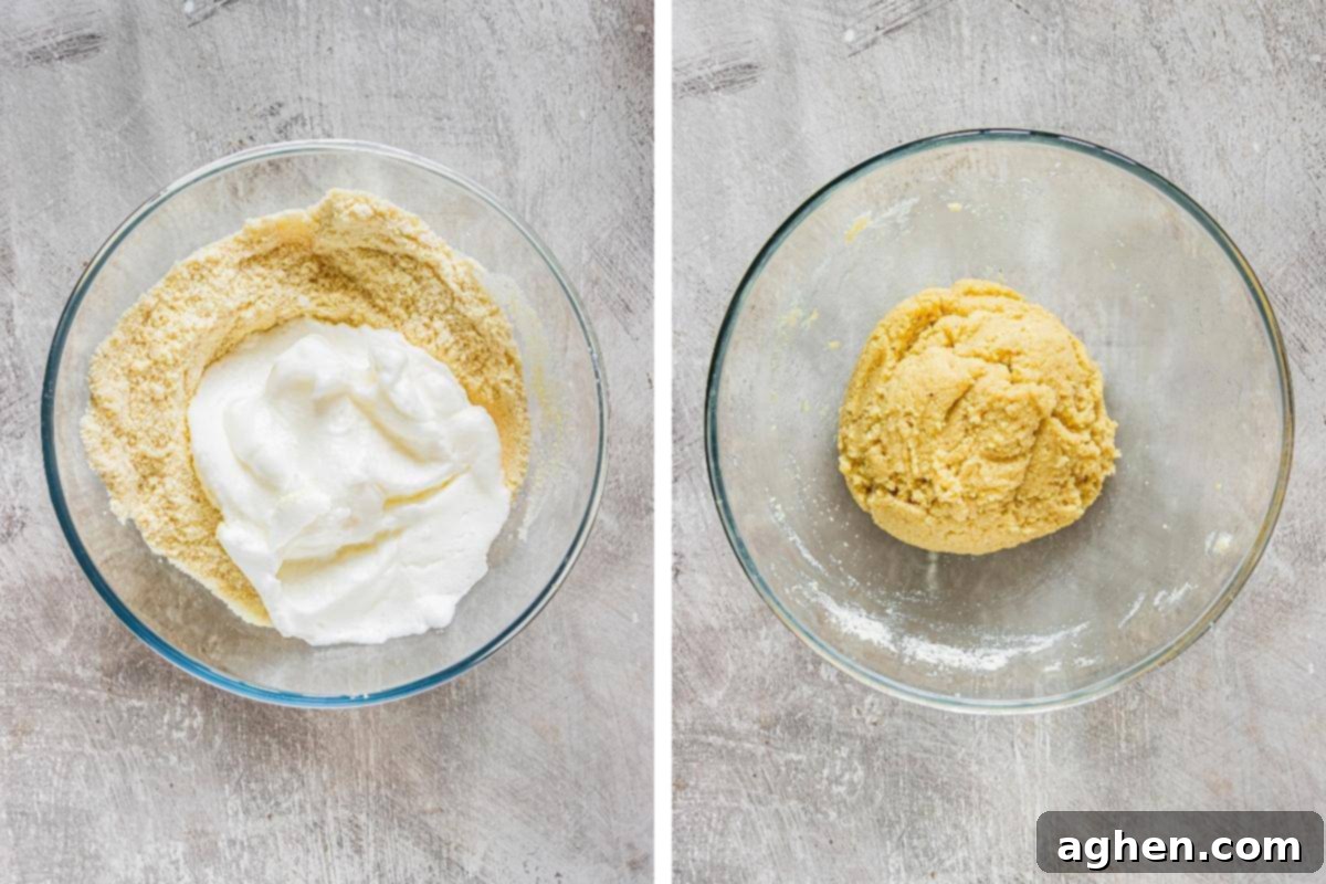 Two image collage. On left: egg whites being folded into dry ingredients in large bowl. On right, cookie dough formed.