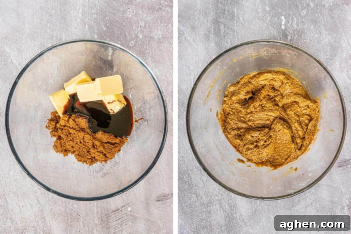 Two image collage. On left: butter, molasses, and dark brown sugar in glass mixing bowl. On right: wet ingredients mixed together.
