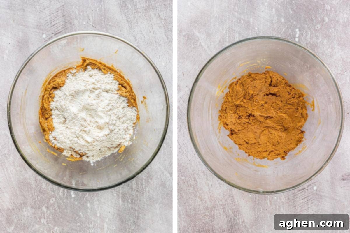 Two image collage. On left: dry ingredients being added to wet cookie ingredients. On right: finished gingerbread cookie dough.