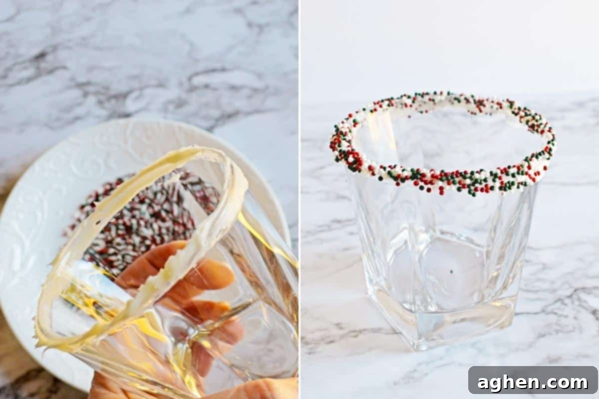 2 image collage: On left, glass with icing on rim over a shallow plate of sprinkles. On right, glass rimmed with sprinkles, ready for the cocktail