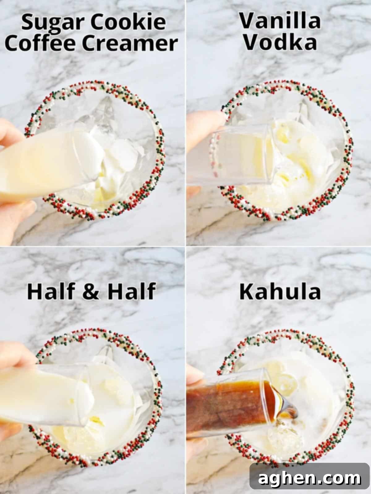 4 image collage of ingredients being poured into sprinkle-rimmed glass filled with ice: sugar cookie coffee creamer, vanilla vodka, half & half, and Kahlua