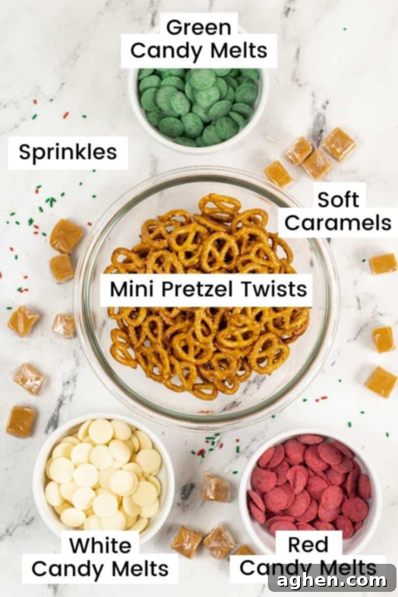 Labeled ingredients on countertop: green candy melts, soft caramels, pretzel twists, red candy melts, white candy melts, sprinkles