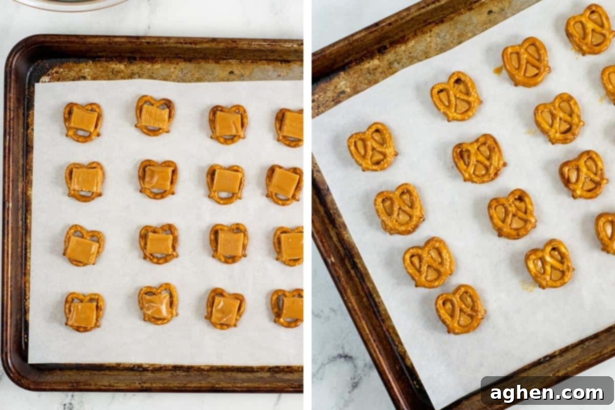 Two image collage: On left, mini pretzel twists topped with caramel. On right, mini pretzels on baking sheet topped with melted caramel and another mini pretzel.