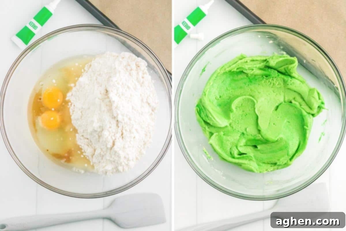 Festive Grinch Cookies 6 Two image collage. On left, cake mix, eggs, oil, and vanilla in mixing bowl with green food coloring tube, spatula, and lined baking sheet next to it. On right, green mixed cookie batter.
