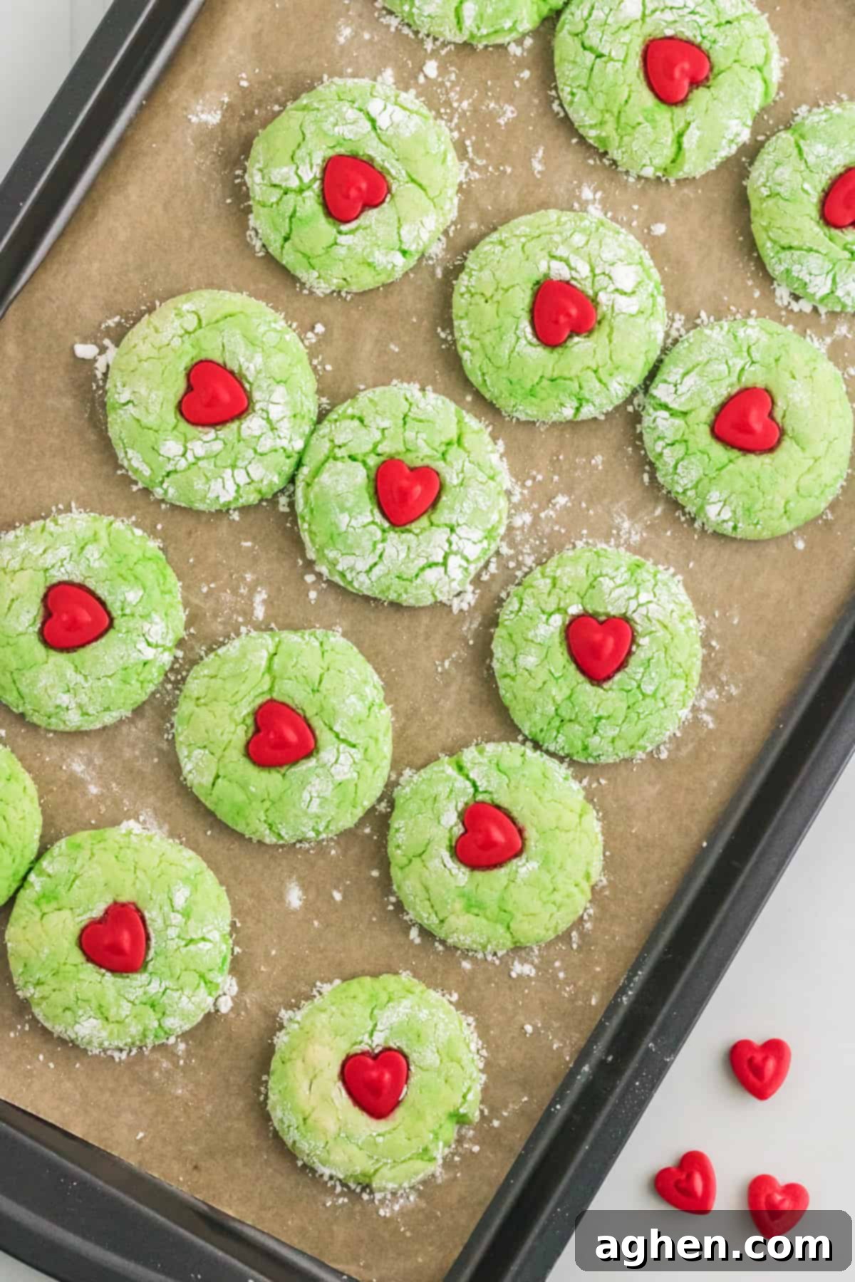 Festive Grinch Cookies 9 Grinch Cake Mix Cookies on baking sheet