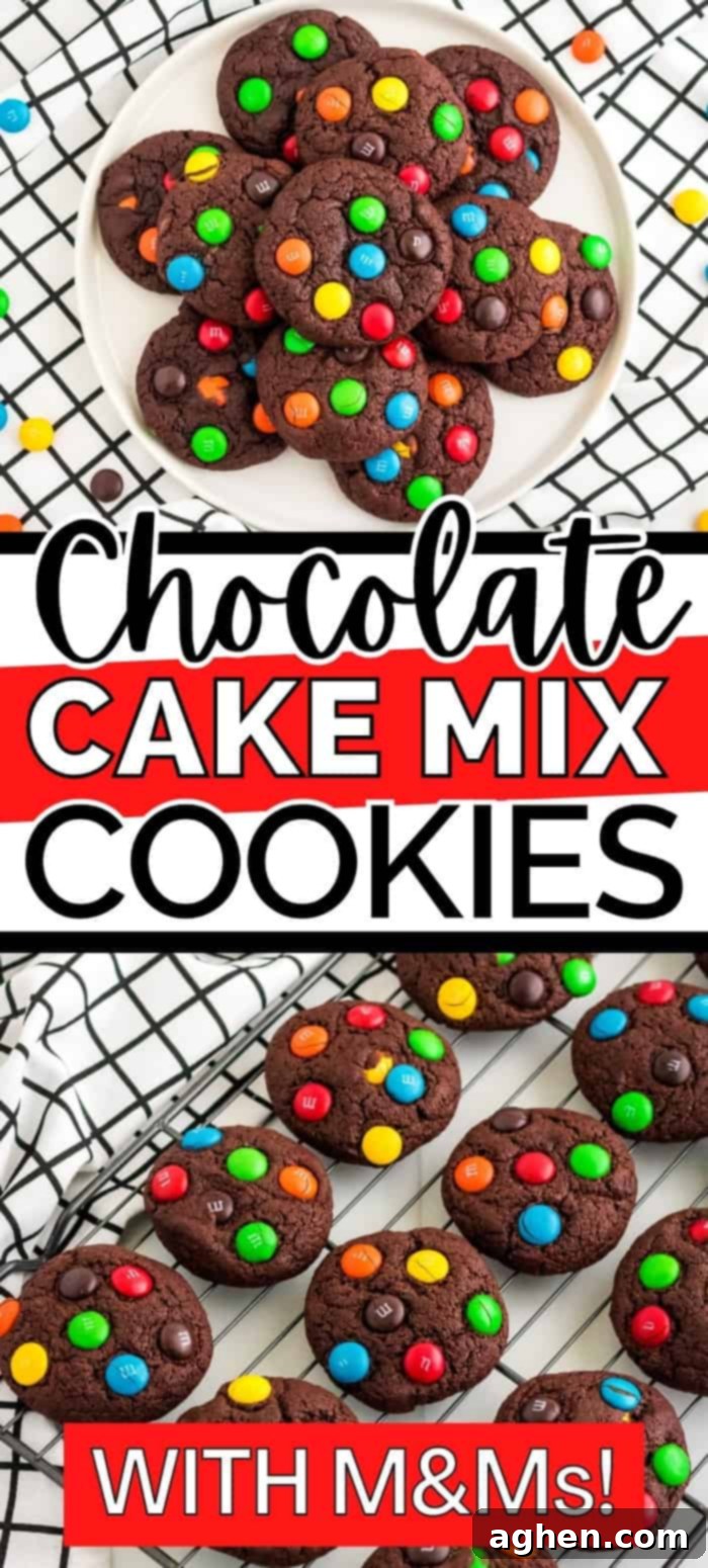 Easy M&M Chocolate Cake Mix Cookies 12 Chocolate Cake Mix Cookies with M&Ms pin image, perfect for sharing on Pinterest.