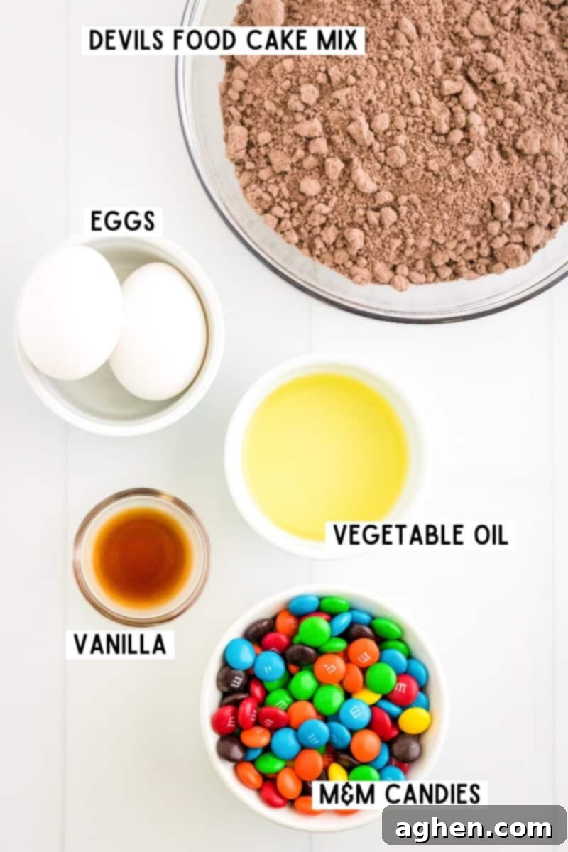 Easy M&M Chocolate Cake Mix Cookies 4 All the simple ingredients for Chocolate M&M Cake Mix Cookies laid out.