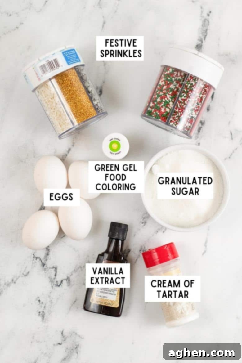 Festive sprinkles, bowl of granulated sugar, 4 eggs, bottle of vanilla extract, cream of tartar, and bottle of green gel food coloring on countertop