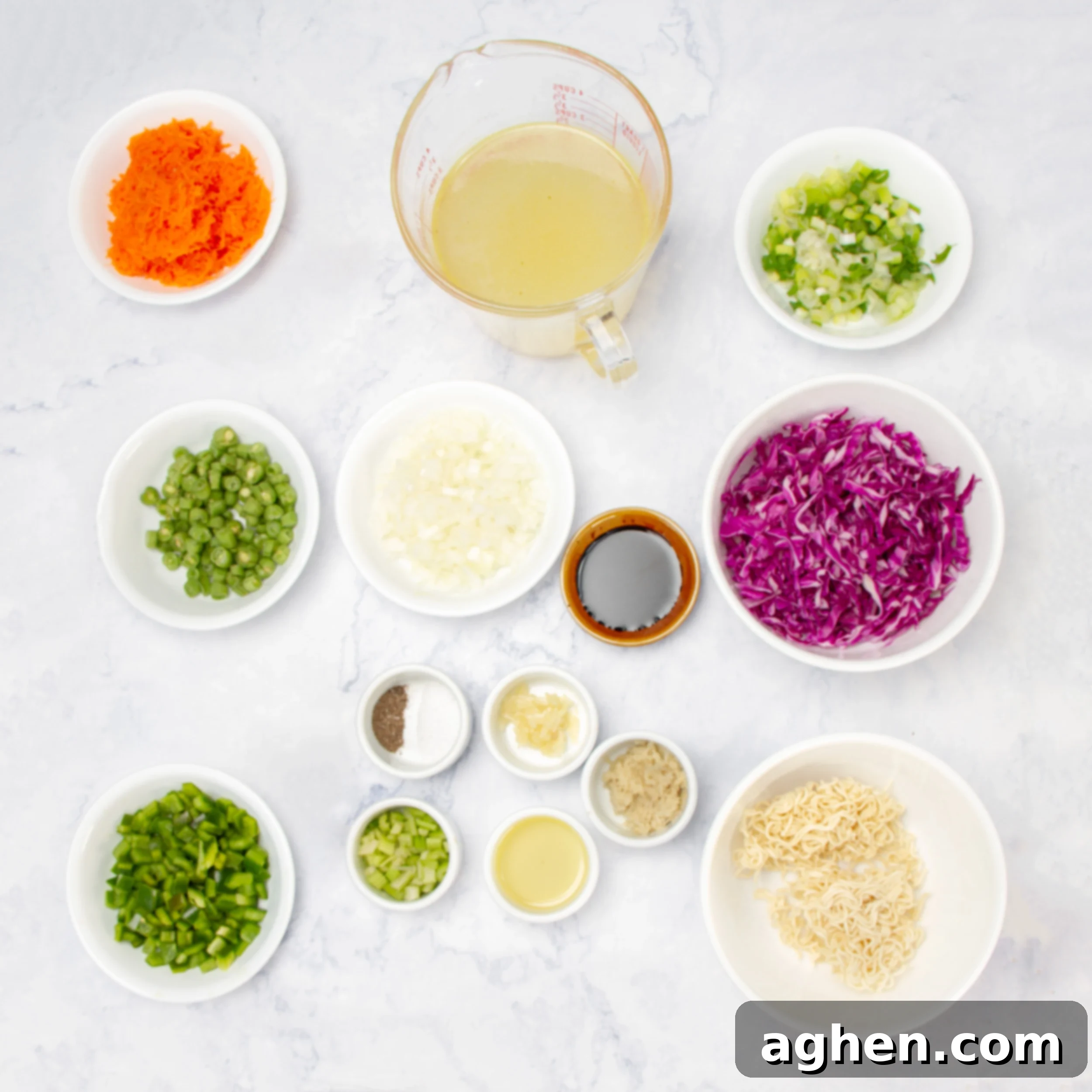 Manchow Soup: A Flavor Explosion 3 Manchow Soup ingredients in separate dishes on a countertop.