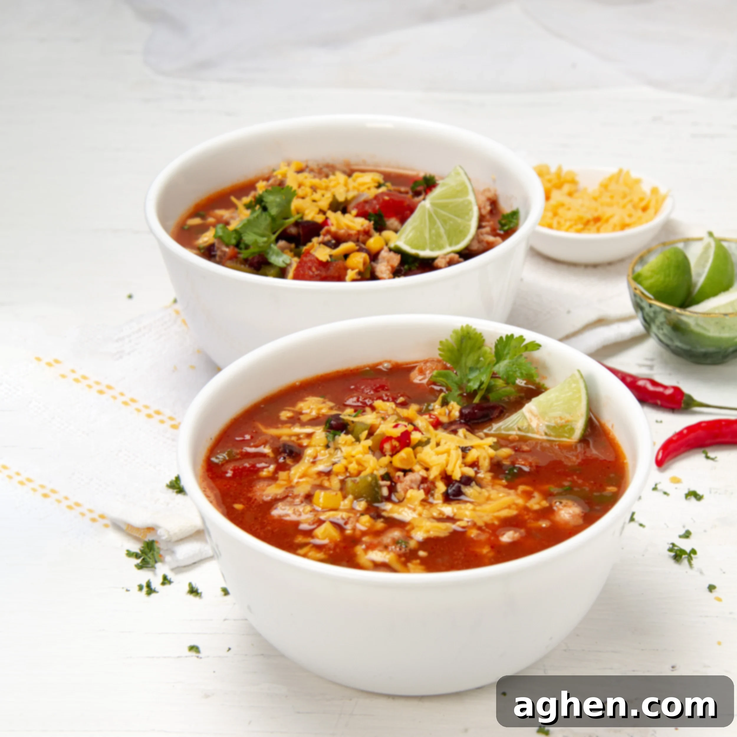 Weight Watchers Turkey Taco Soup: A Fall Favorite 2 Delicious turkey taco soup in a bowl with fresh lime wedges, ready to be served.