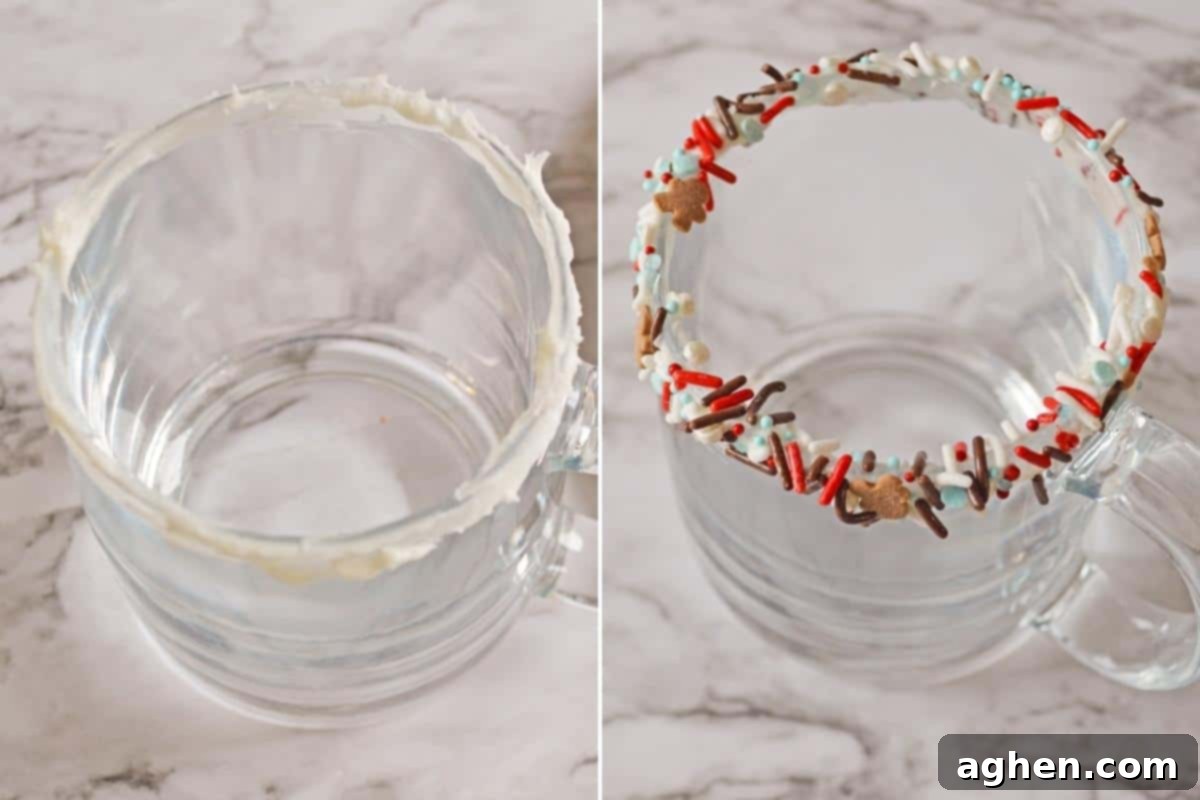 Two image collage. On left, glass with frosting along outside of rim. On right, same but with sprinkles stuck on frosting for a festive rimmed glass.