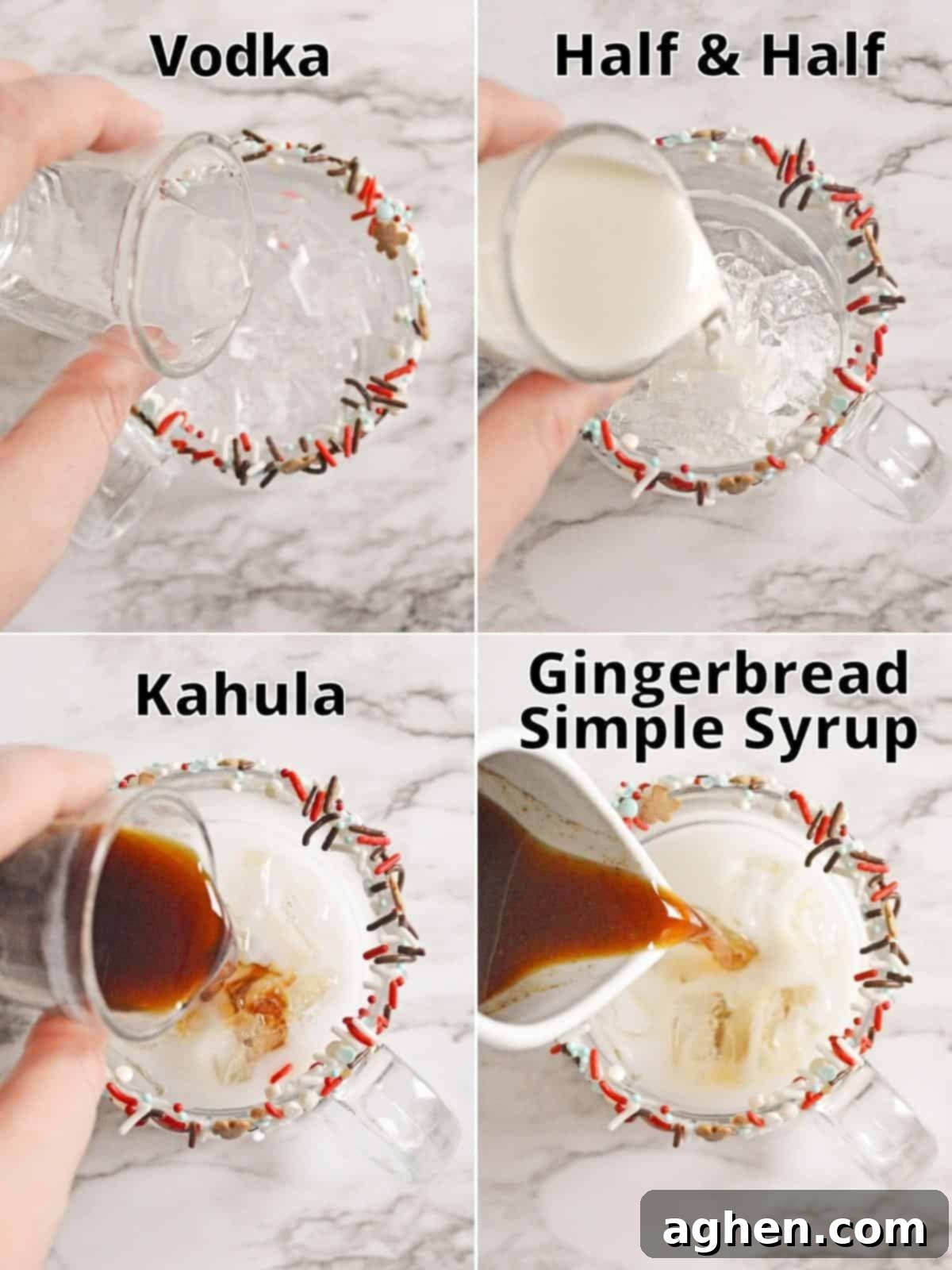 Four image collage of ingredients being added to sprinkle-rimmed glass mug. Top left, vodka. Top right, half and half, bottom left kahlua, bottom right: gingerbread simple syrup.