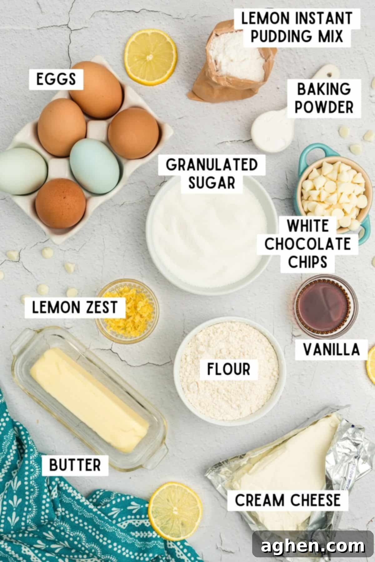 All the essential ingredients for making Lemon Pudding Cookies with Cream Cheese laid out on a table.