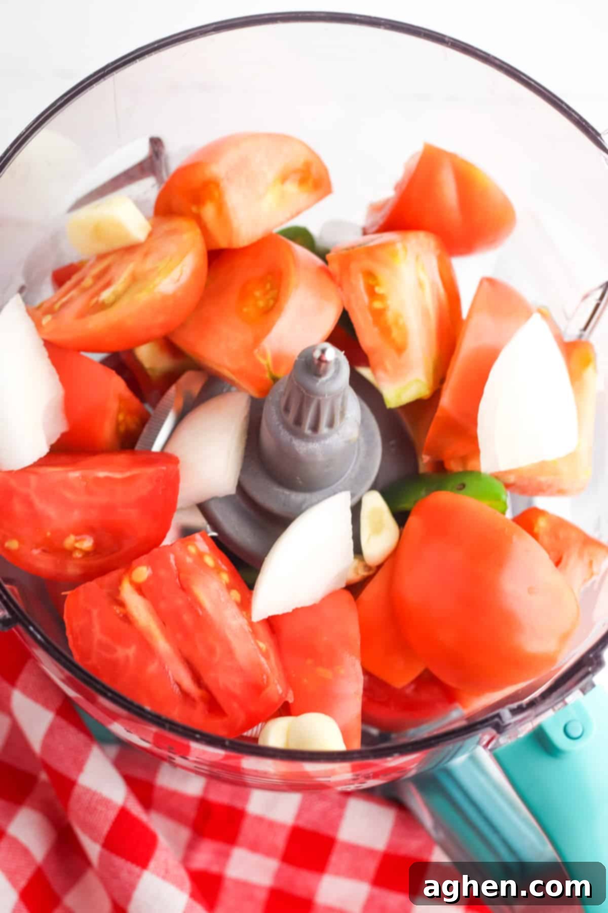 Roughly chopped tomatoes, onions, and jalapeno in bowl of food processor, ready for pulsing