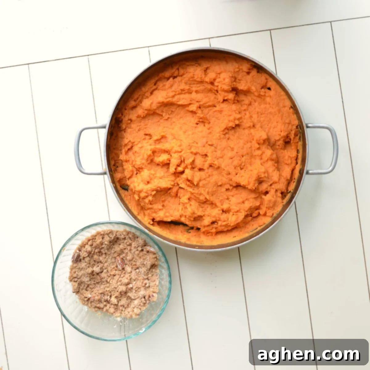 The Lightened Holiday Classic: Weight Watchers Sweet Potato Souffle 4 Process shots for making sweet potato souffle showing peeled potatoes and mashing.