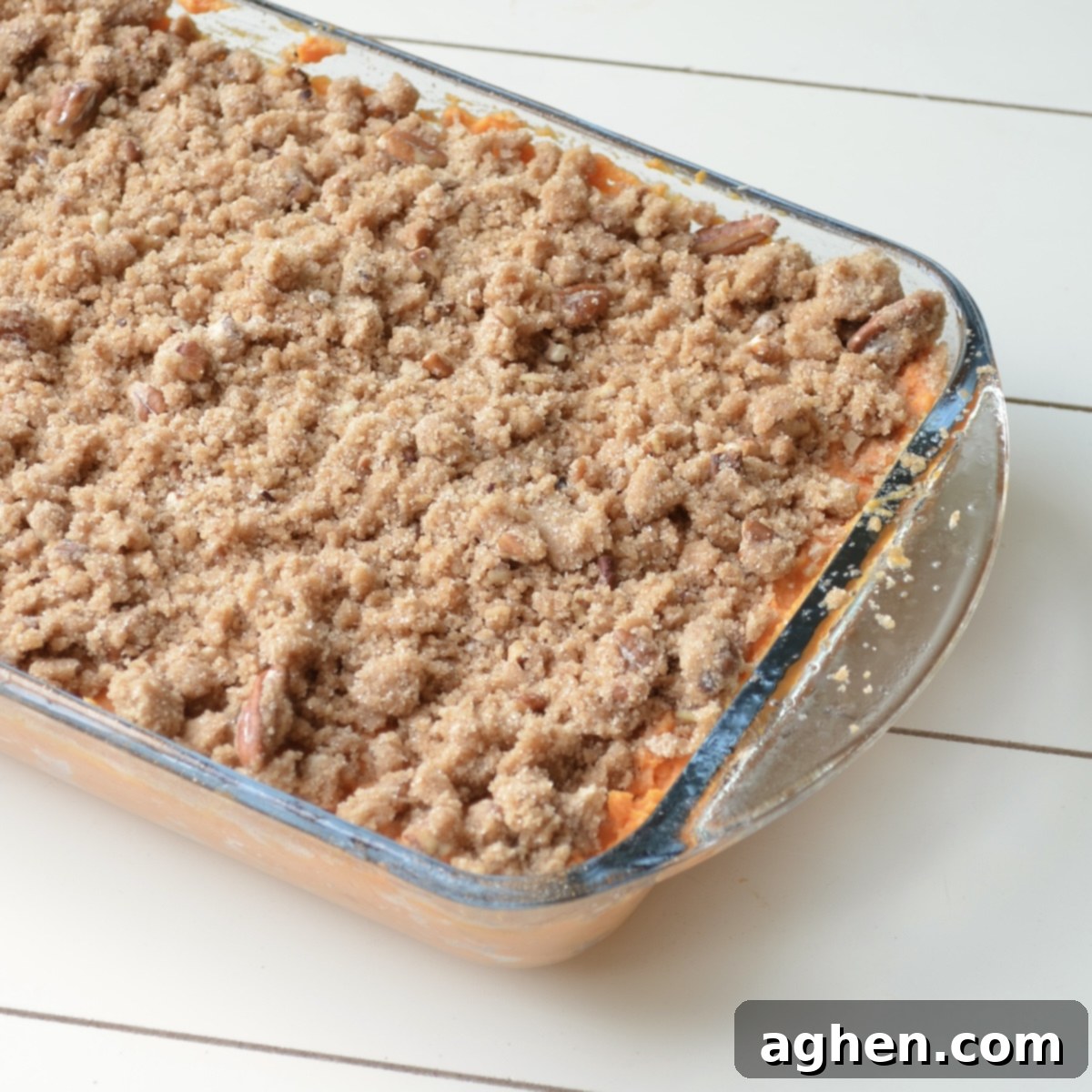 The Lightened Holiday Classic: Weight Watchers Sweet Potato Souffle 5 Sweet potato souffle topped with streusel before baking.