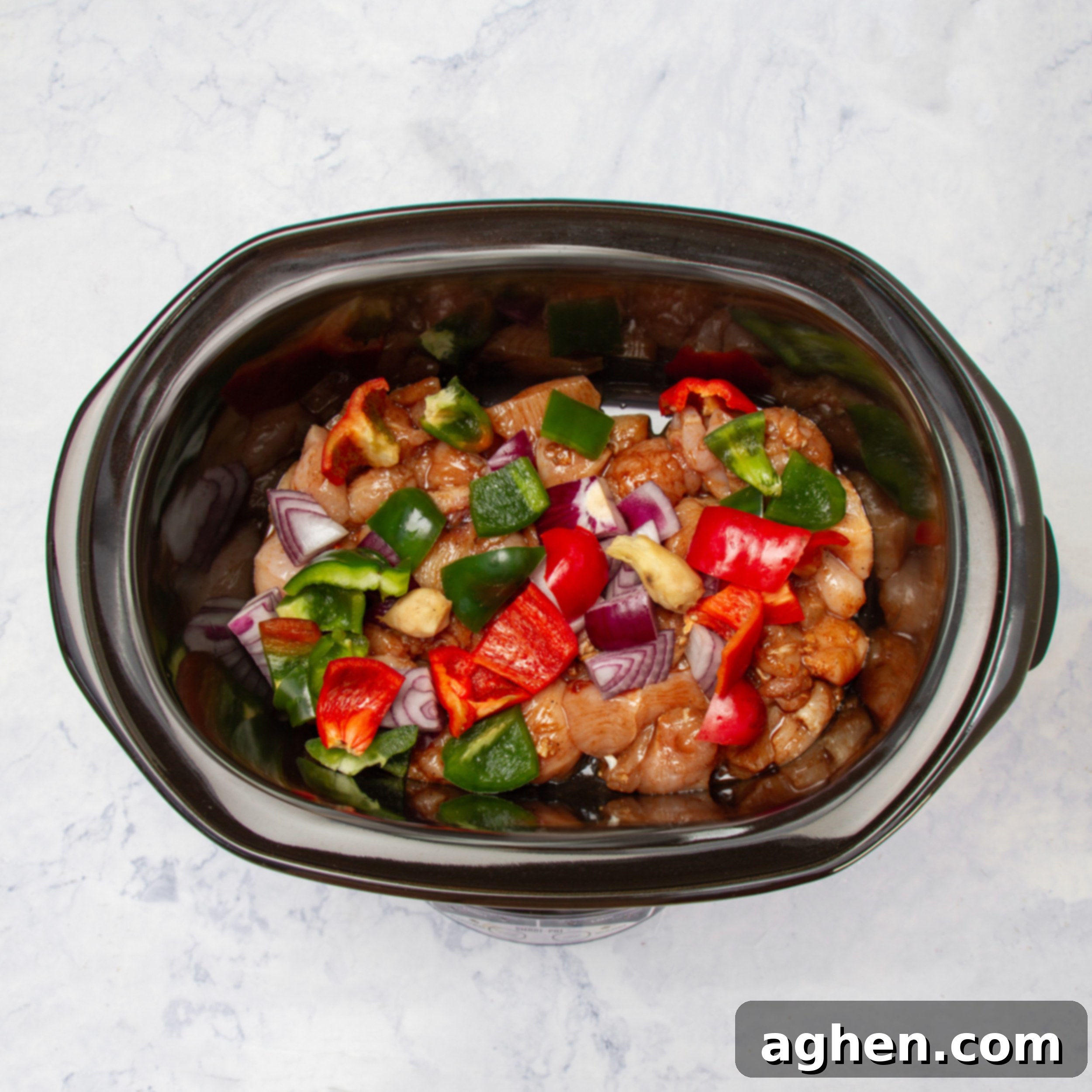 Chicken and vegetables in the Crockpot. 