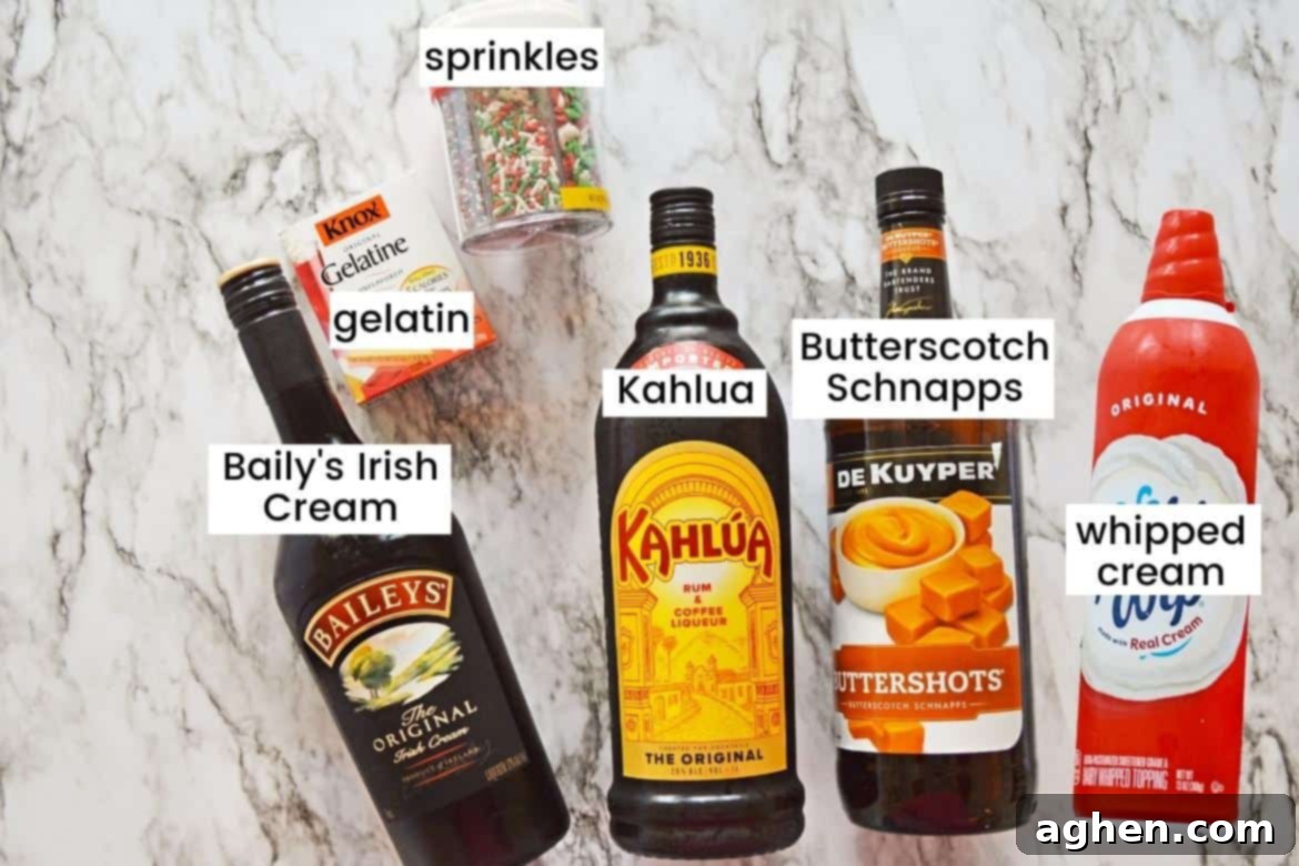 container of christmas sprinkles, box of knox unflavored gelatine, bottle of kahlua, bottle of Bailys Irish Cream, bottle of Butterscotch Schnapps, and bottle of whipped cream