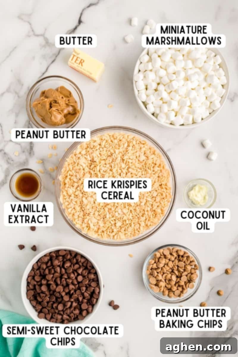 Ingredients for peanut butter rice krispie treats.
