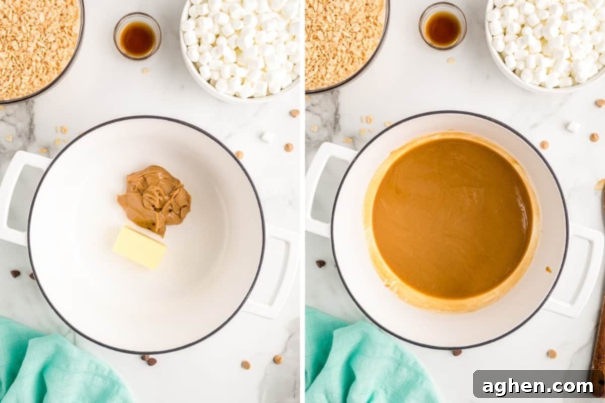 Peanut butter and butter in large pot, before and after melting.