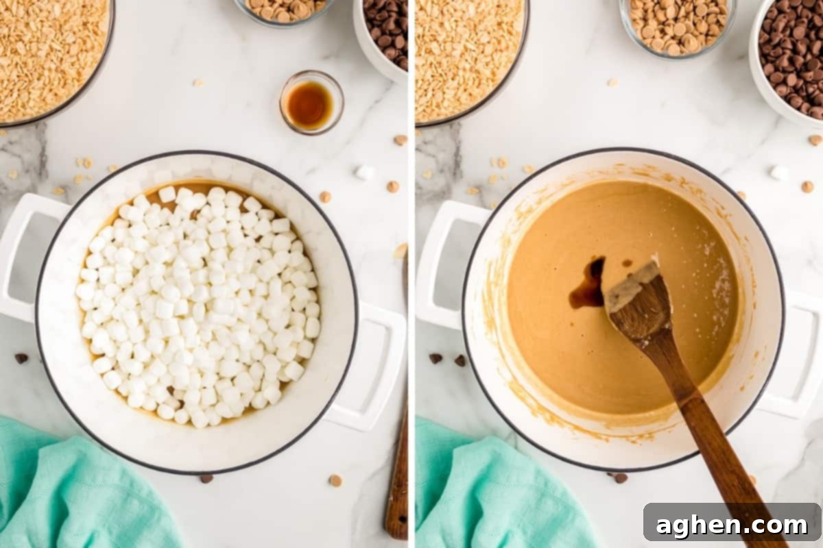 Two image collage of peanut butter mixture with mini marshmallows on top and of the mixture melted and smooth with vanilla extract added.