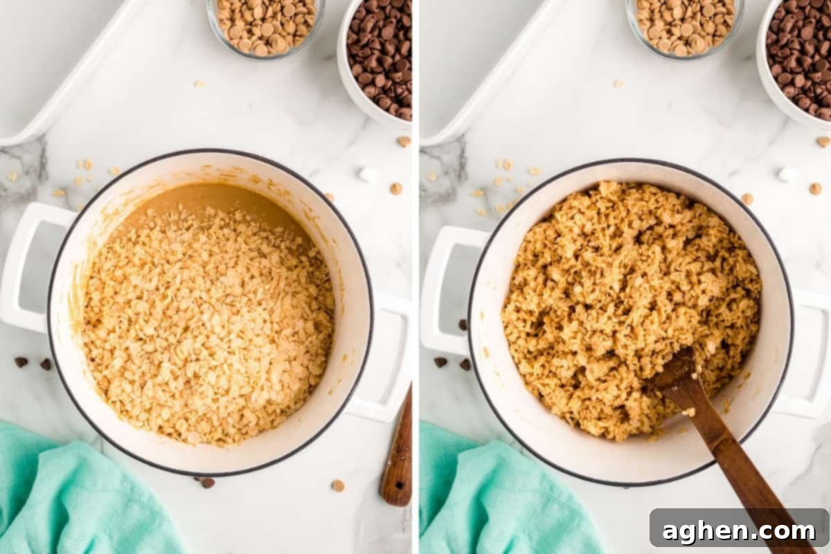 Two image collage of rice cereal added to large pot and with the rice cereal mixed in.