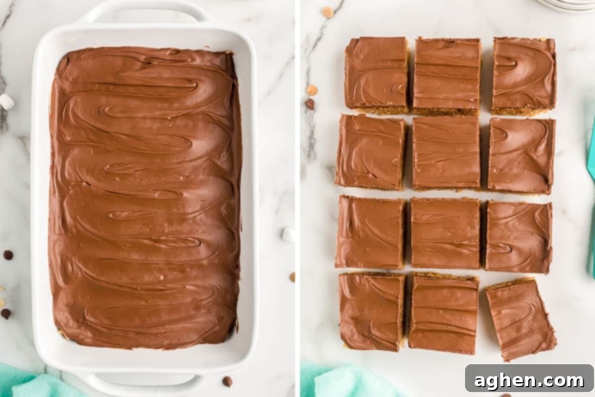 Two image collage of chocolate topped bars in 9 x 13 inch pan and the bars sliced into 12 squares.