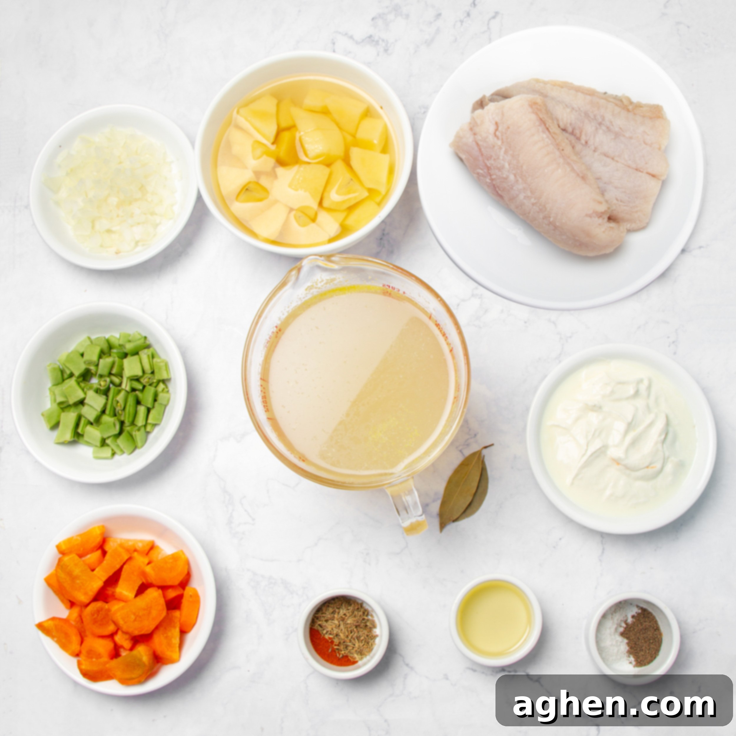 Restaurant-Quality Cod Chowder, Surprisingly Simple 3 Cod Chowder ingredients in separate dishes.