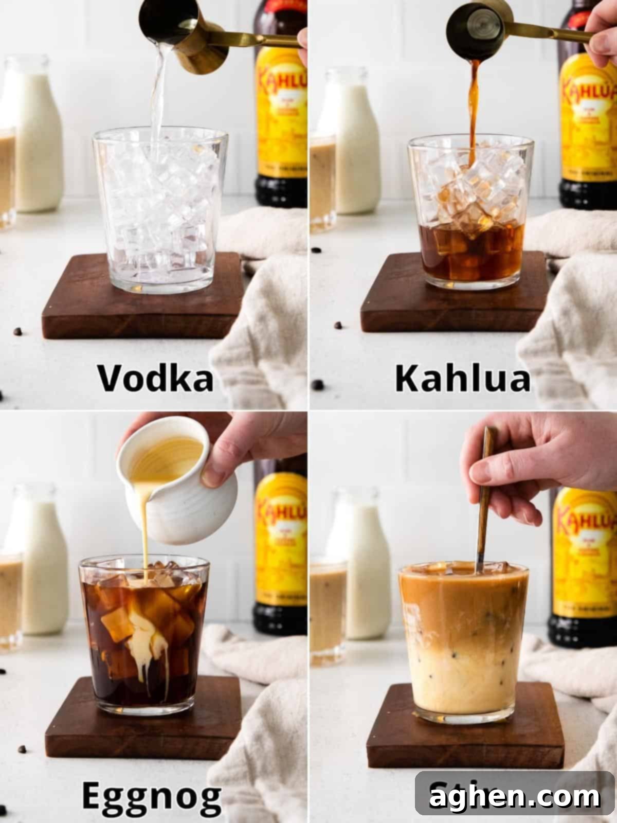 A four-image collage showing the step-by-step process of making an Eggnog White Russian: pouring vodka, adding Kahlua, mixing in eggnog, and finally stirring the cocktail in a lowball glass with ice.
