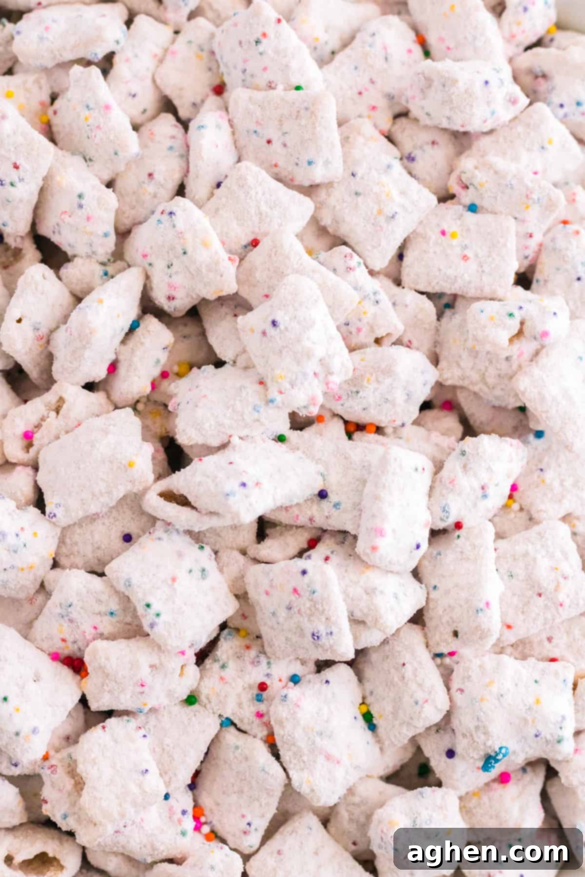 Close-up picture of funfetti puppy chow with rainbow sprinkles