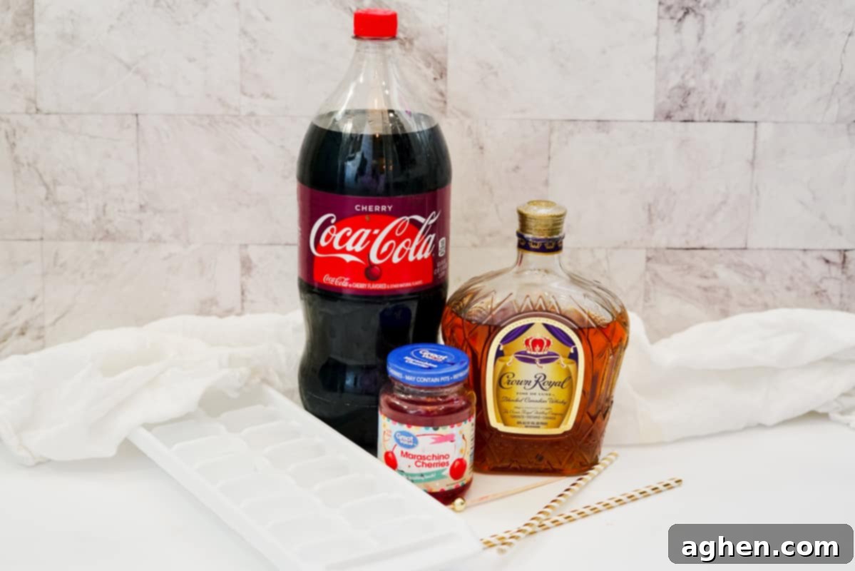 2 Liter bottle of Cherry Coke, bottle of Crown Royal whisky, jar of maraschino cherries, ice cube tray, and paper straws