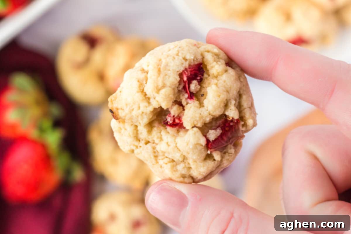 A person delicately holding a bite-sized strawberry shortcake cookie between two fingers, showcasing its soft interior and the fresh strawberry pieces, ready to be enjoyed.
