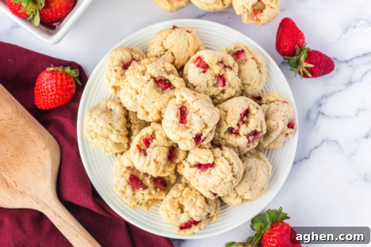 A generous pile of freshly baked strawberry shortcake cookies presented on a rustic serving plate, surrounded by more cookies and vibrant fresh strawberries, making an inviting and abundant display.