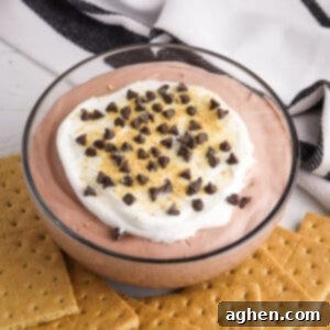 Decadent Chocolate Pie Dip 7 Decadent Chocolate Pudding Pie Dip, garnished with chocolate chips and graham cracker crumbs.