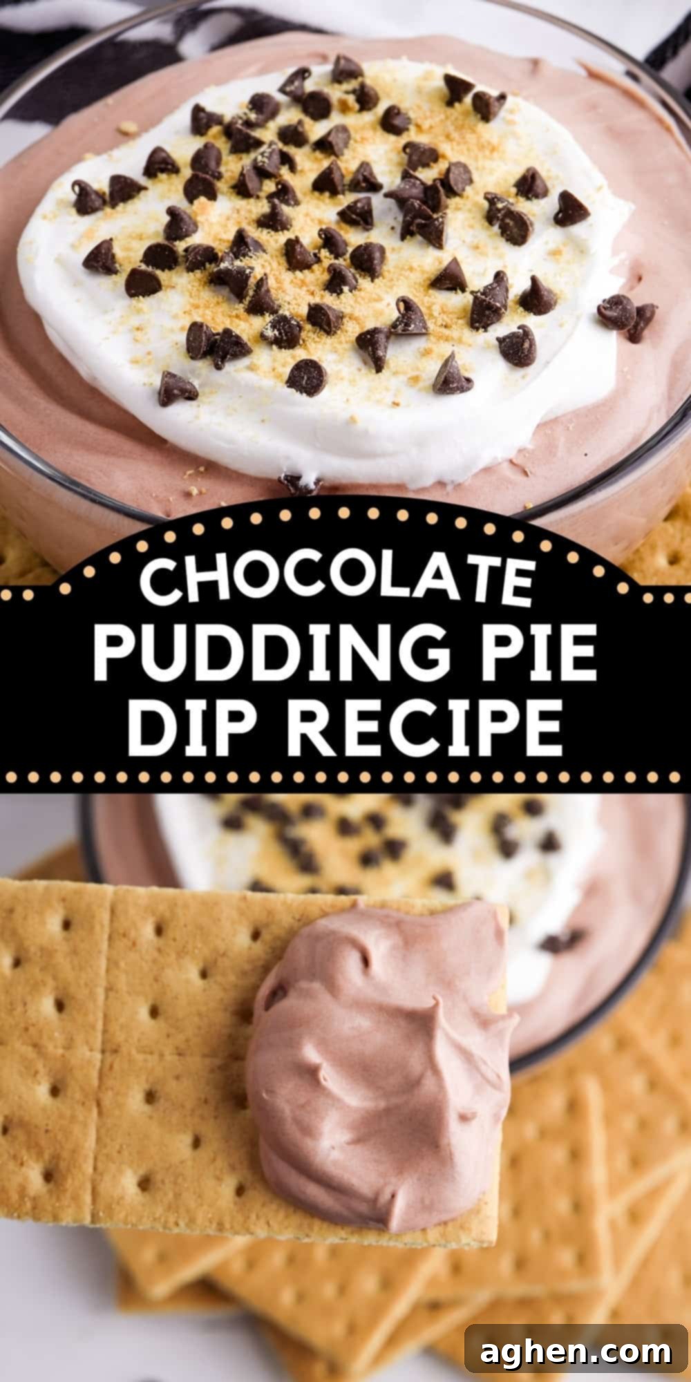 Decadent Chocolate Pie Dip 9 A stunning overhead shot of the Easy No-Bake Chocolate Pudding Pie Dip recipe, garnished with chocolate chips and graham cracker crumbs, ready for dipping.
