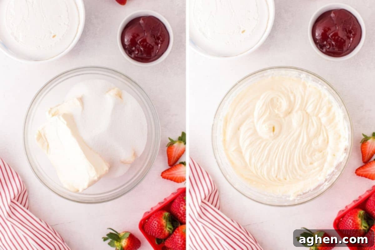 Two image collage of cream cheese and sugar before and after beating.