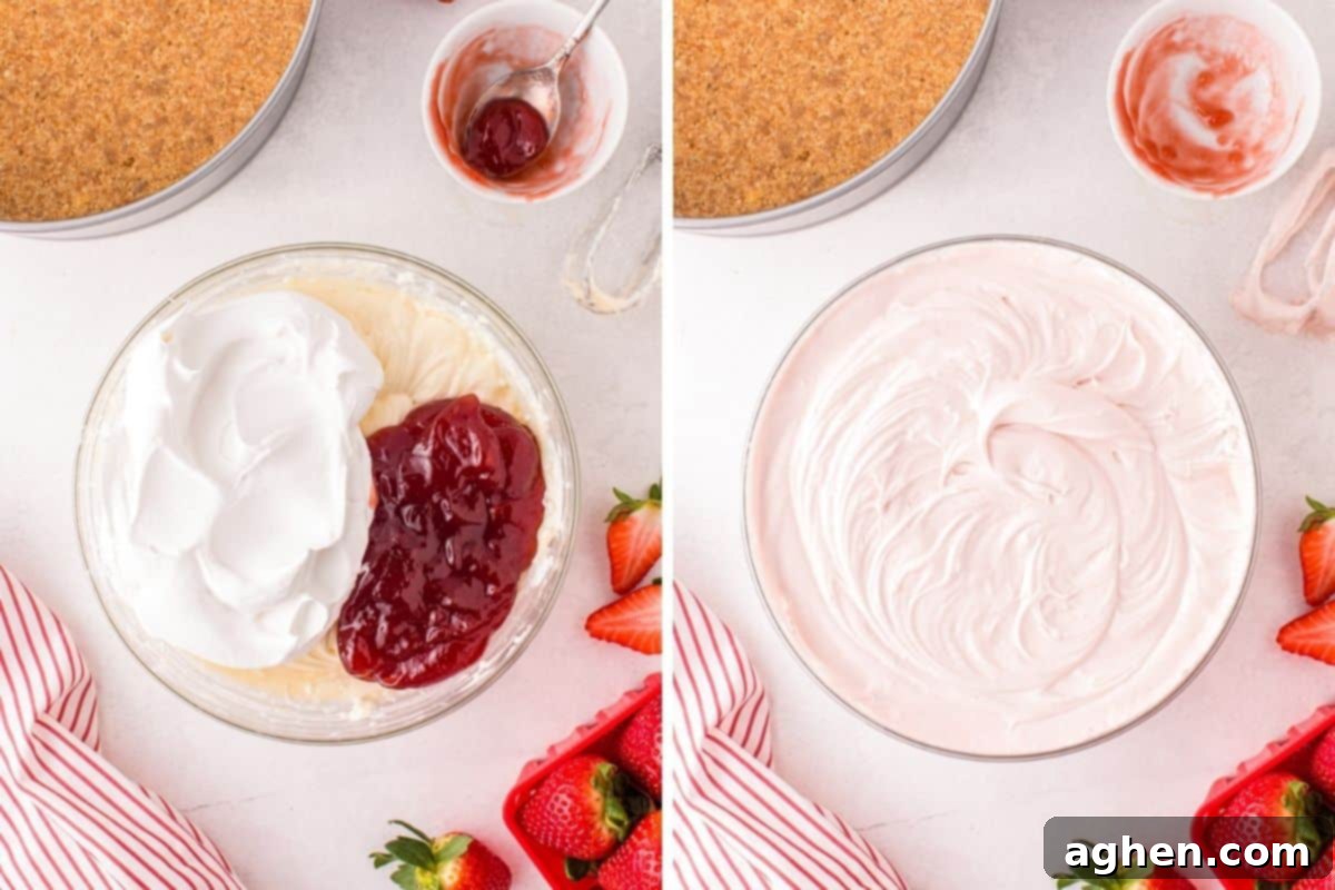 Two image collage of no bake cheesecake ingredients being combined.