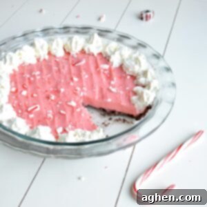 Sliced peppermint pie on a white plate, showcasing its creamy pink filling and chocolate crust.
