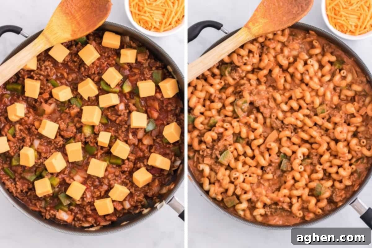 Two images: Left shows Velveeta cubes added to the sloppy joe mixture. Right shows the Velveeta melted and stirred into the mixture, then combined with pasta.