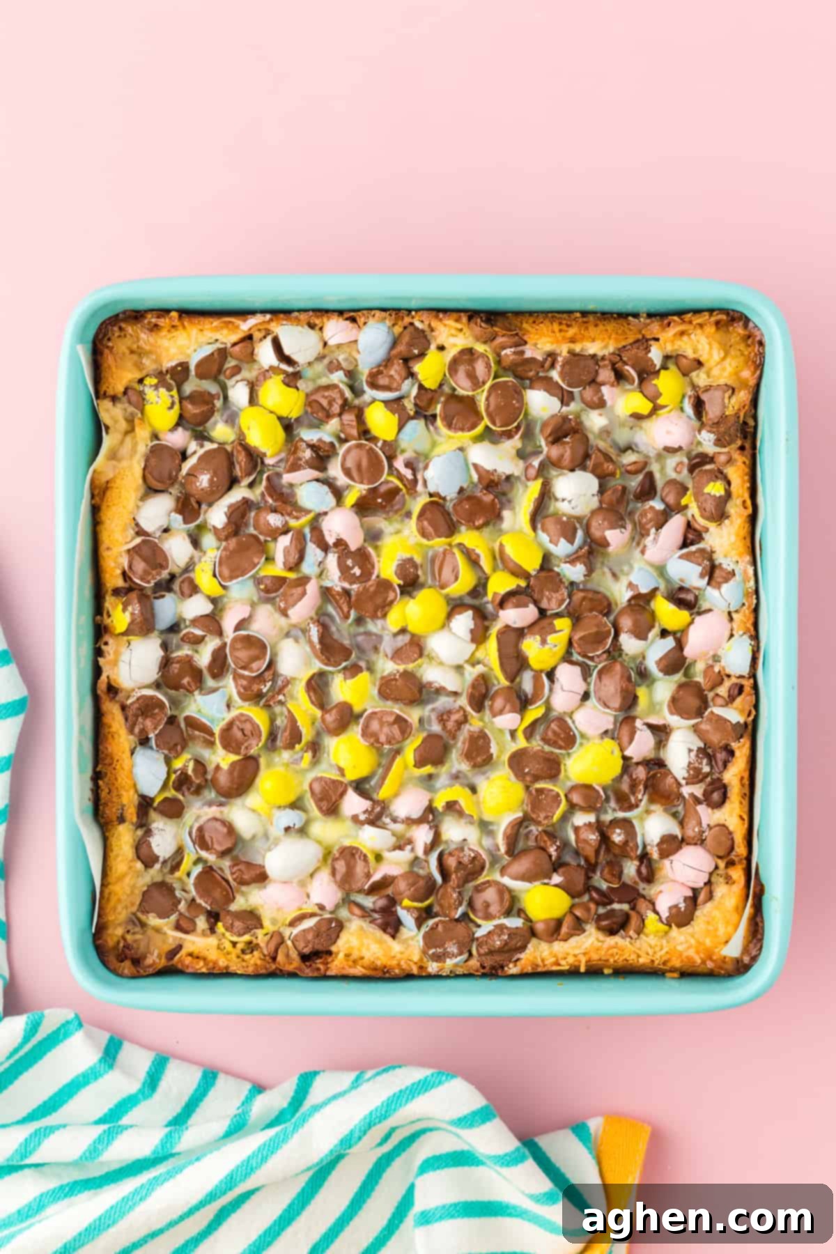 Magical Easter Cookie Bars 9 Easter Magic Cookie Bars in square baking pan.